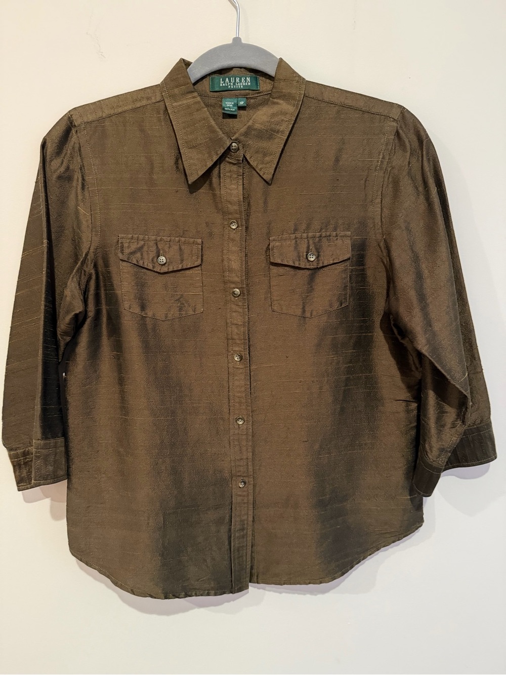 Lauren Ralph Lauren 100% Silk Olive Brown Women’s Button-Down Shirt